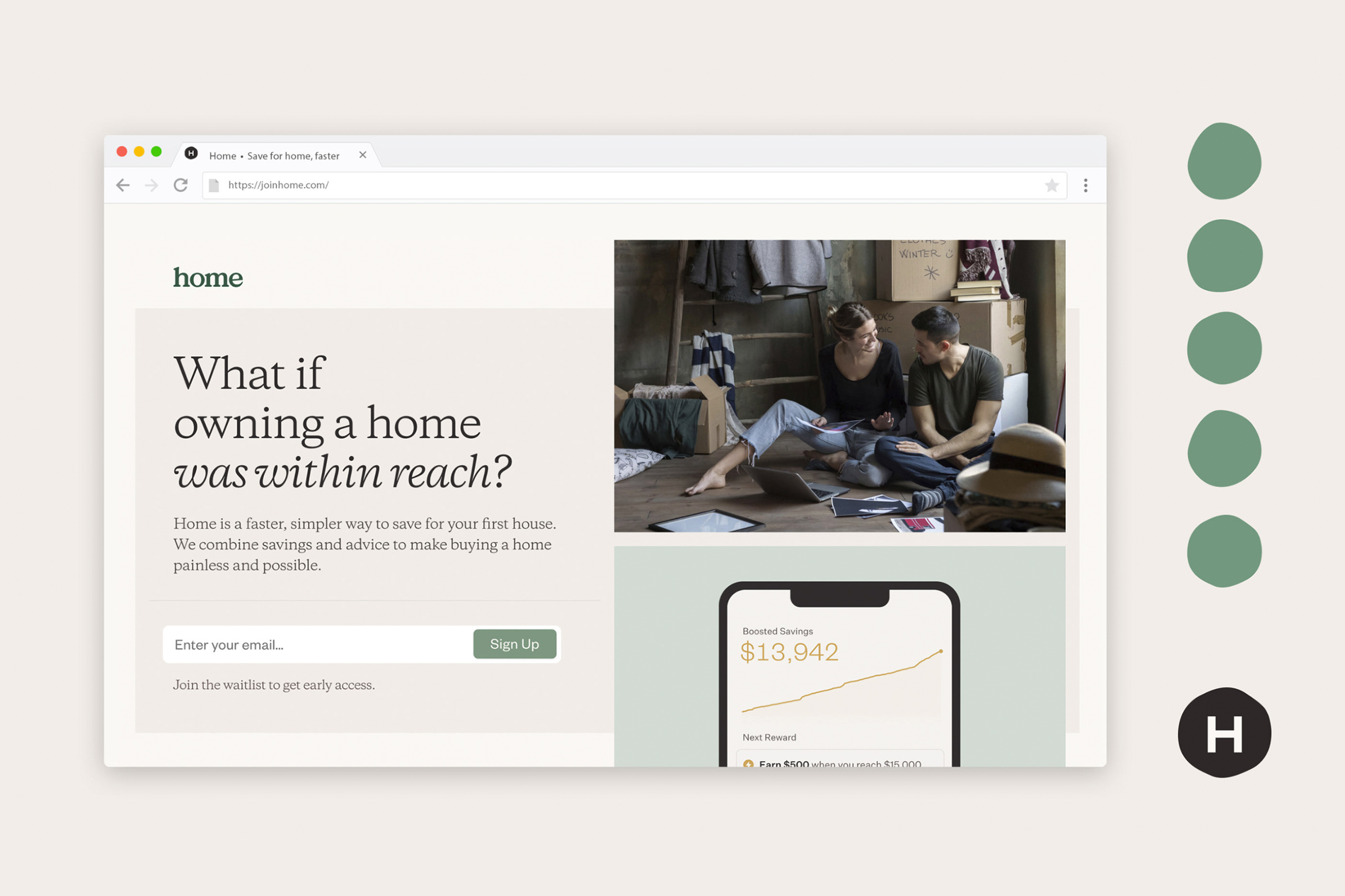 Waitlist landing page for Home, used to test messaging
