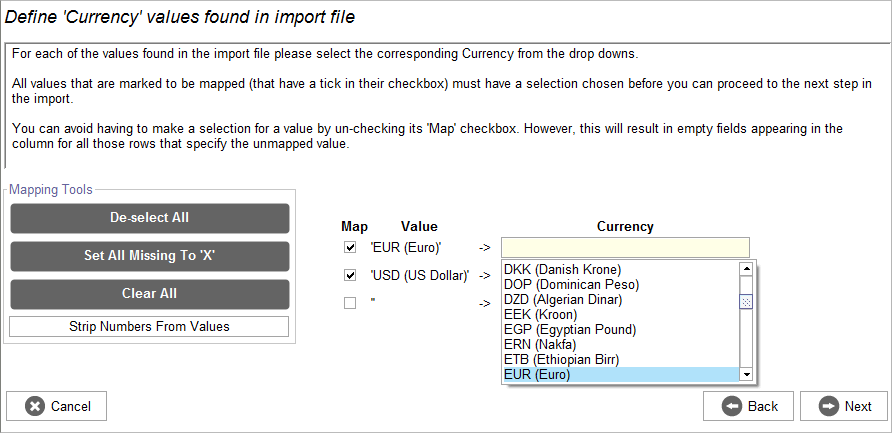 Accounting Software import map currency