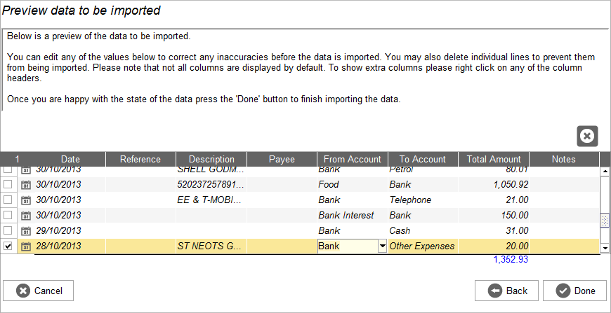 Accounting Software import preview data