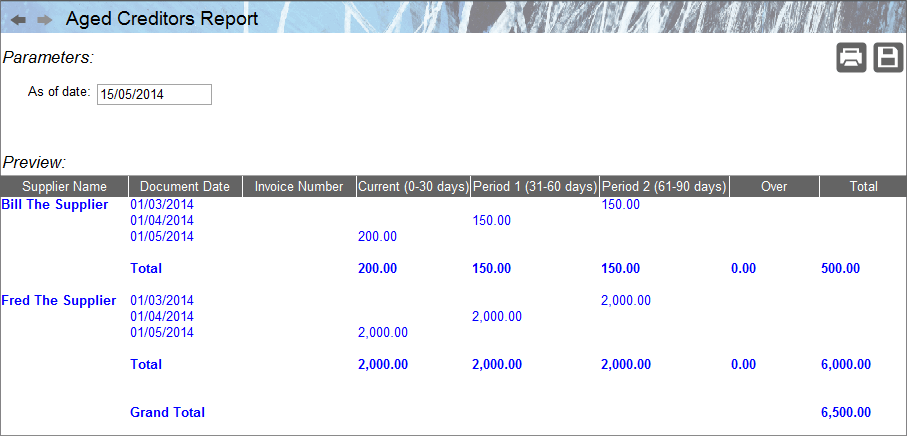 Accounting Software screenshot aged creditors report