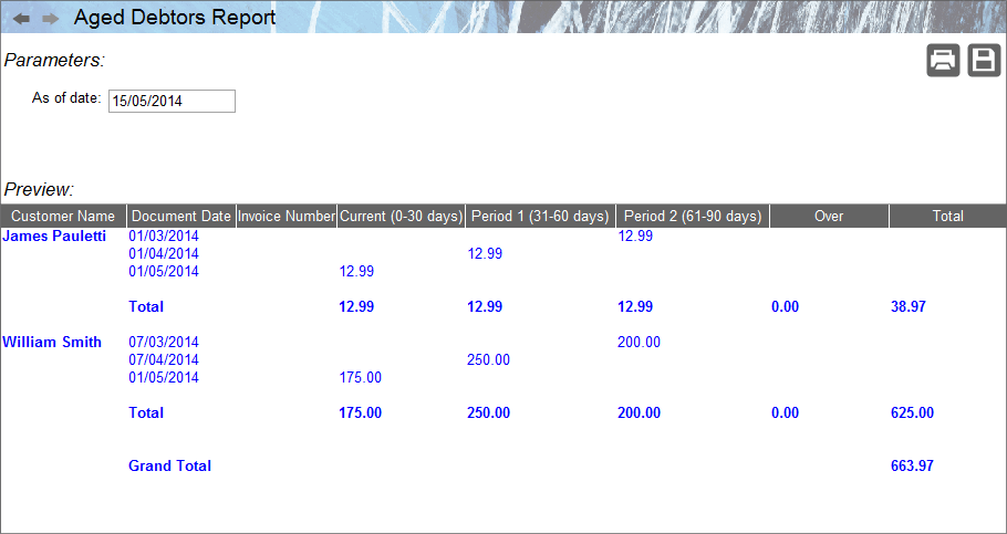 Accounting Software screenshot aged debtors report