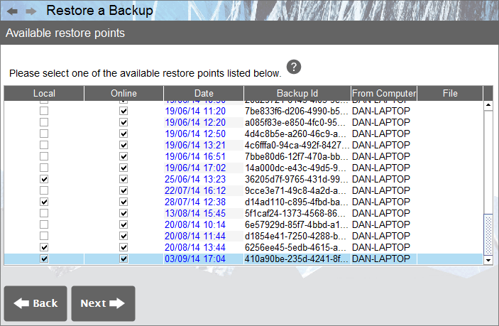 Accounting Software screenshot business restore a backup choose restore point