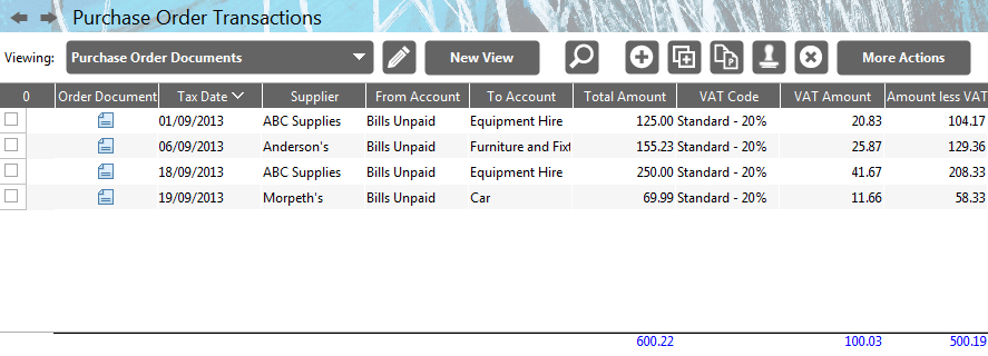 Accounting Software screenshot show purchase order documents