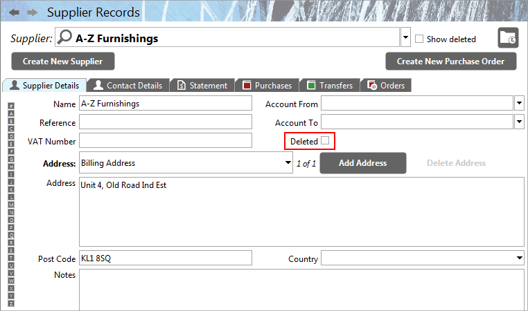Accounting Software screenshot supplier deleted