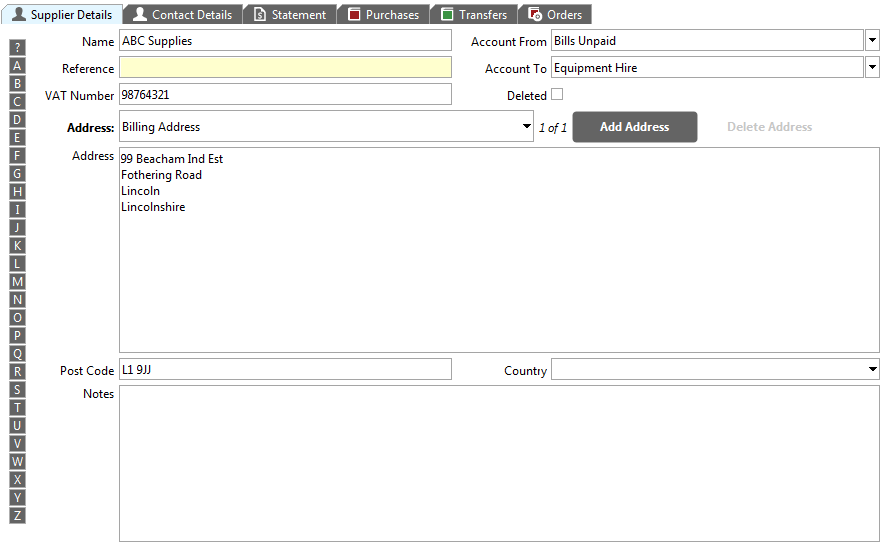 Accounting Software screenshot supplier records supplier details tab