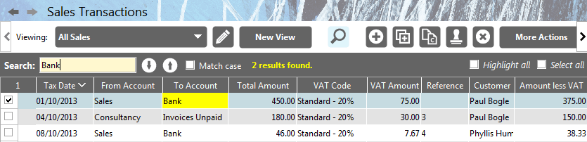 Accounting Software screenshot table search