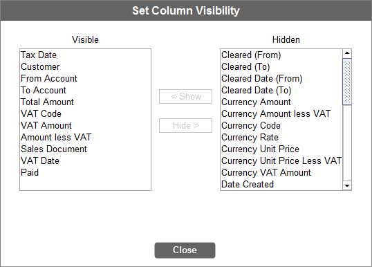 Accounting Software table set column visibility