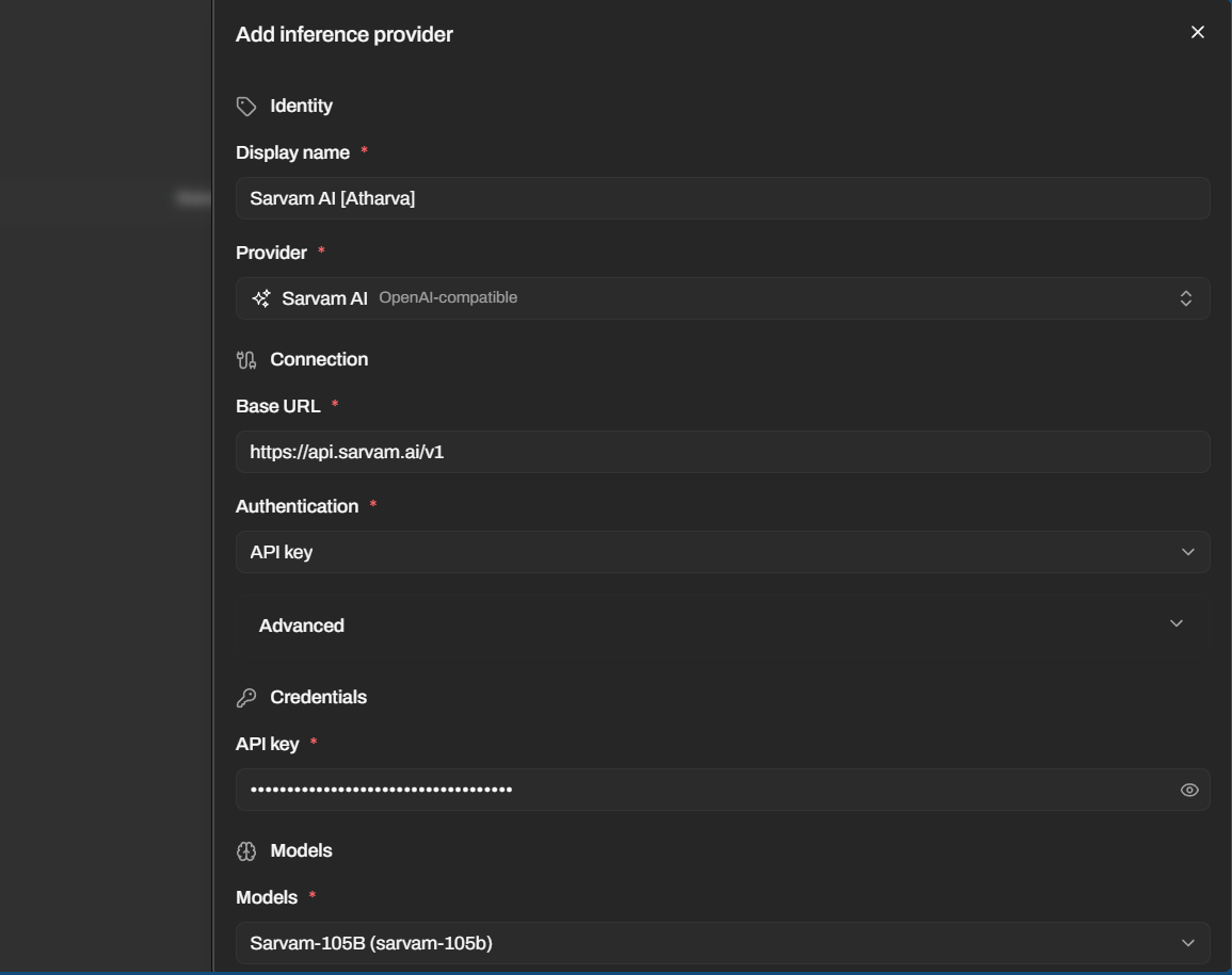 Add inference provider with Sarvam AI selected
