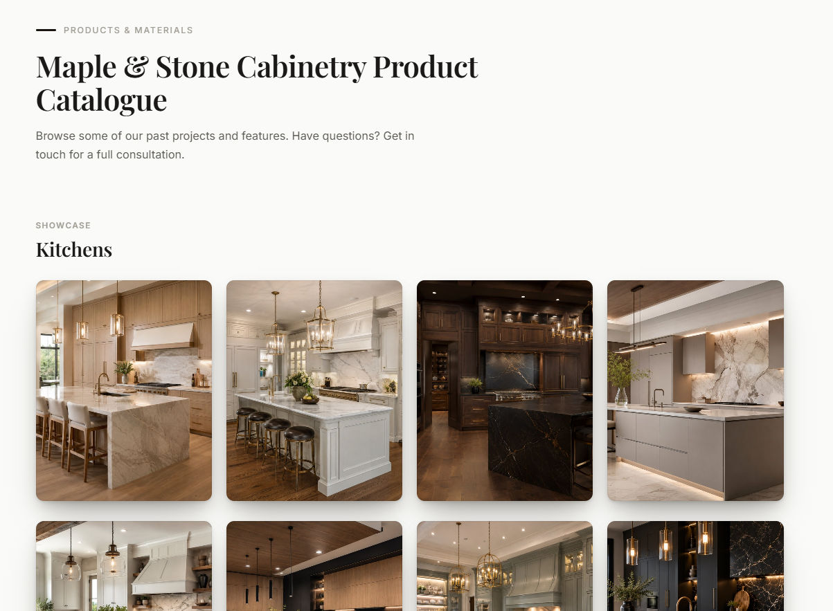 Example of a cabinet showroom page with a collection of kitchen project photographs