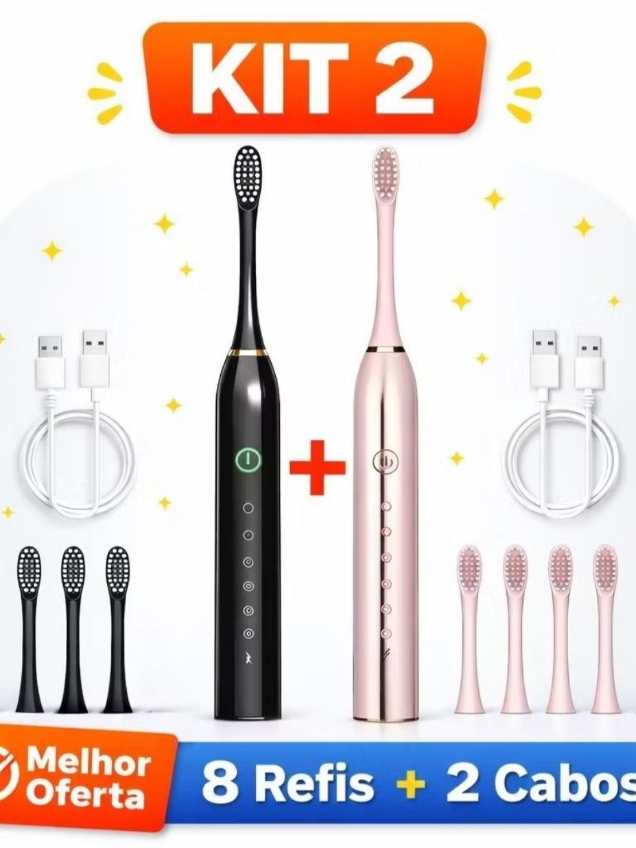Kit 2 Escova Dental Elétrica Sonic X-3 USB Vibração Ultra-Sônica