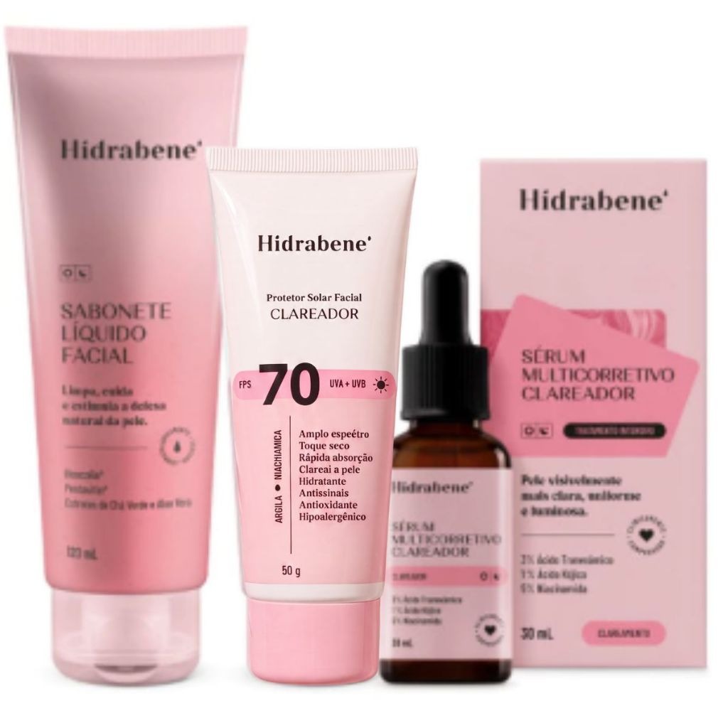 Kit Clareador Facial Sabonete Líquido + Protetor Solar + Sérum Multicorretivo