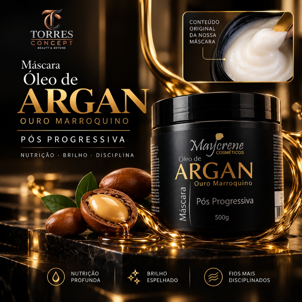 Máscara Argan Premium Maycrene 500g Pós Progressiva Anti-Frizz Brilho Ouro Marroquino Profissional