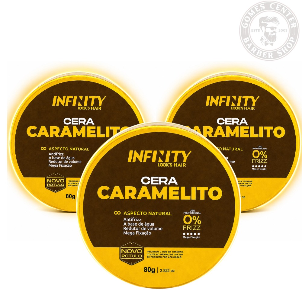 Pomadas Cera Caramelito 80g Infinity Looks - Modela Com Alta Fixação e Hidrata os Fios Antifriz Penteados Fox