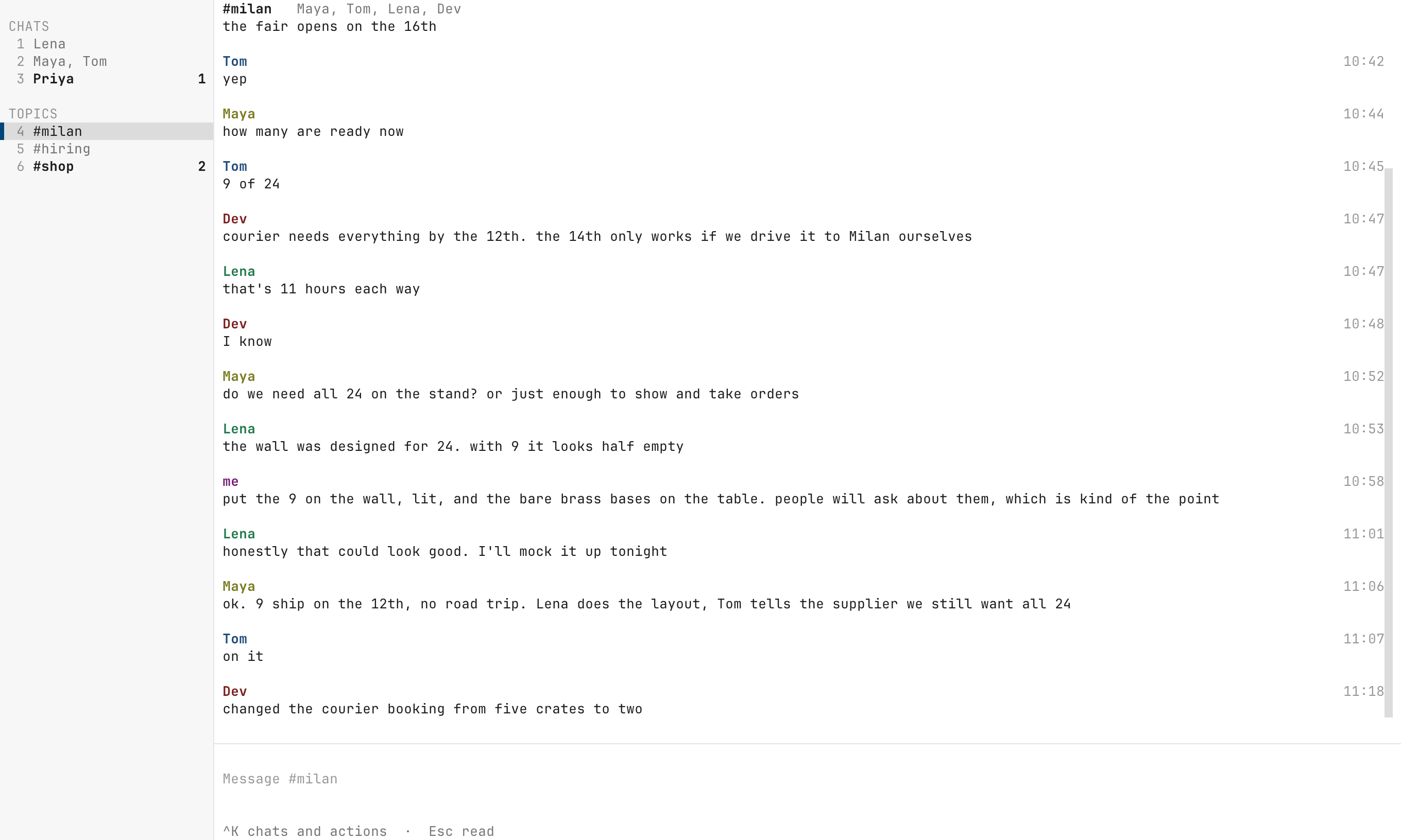 tlx TUI showing chats and a topic conversation