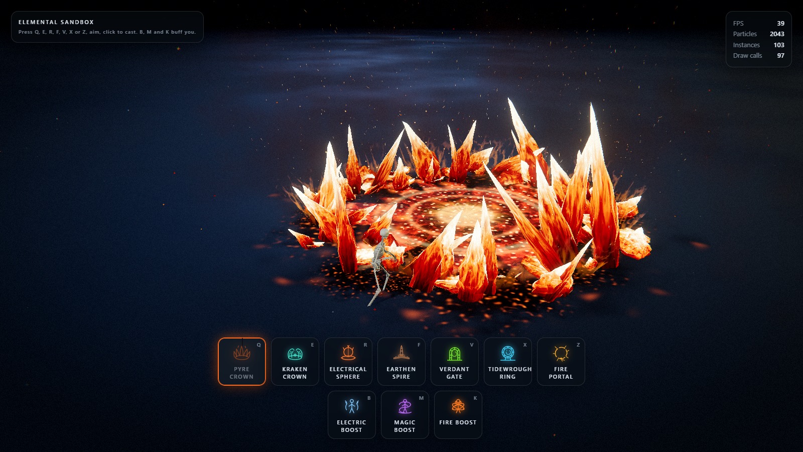 Pyre Crown — a ring of burning blades standing over its own crater