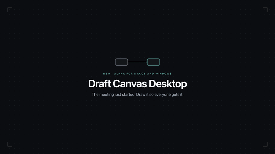 A run through Draft Canvas Desktop: Home, a Quick Draft, finding a diagram across projects and folders, and renaming a file in place.