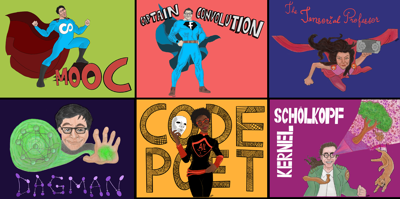 Collage of the superheroes in the DL Universe. From left to right: Andrew Ng as MOOC, Yann LeCun as Captain Convolution, Anima Anandkumar as The Tensorial Professor, Judea Pearl as DAG-Man, Joy Boulamwini as Code Poet and Bernhard Scholkopf as Kernel Scholkopf