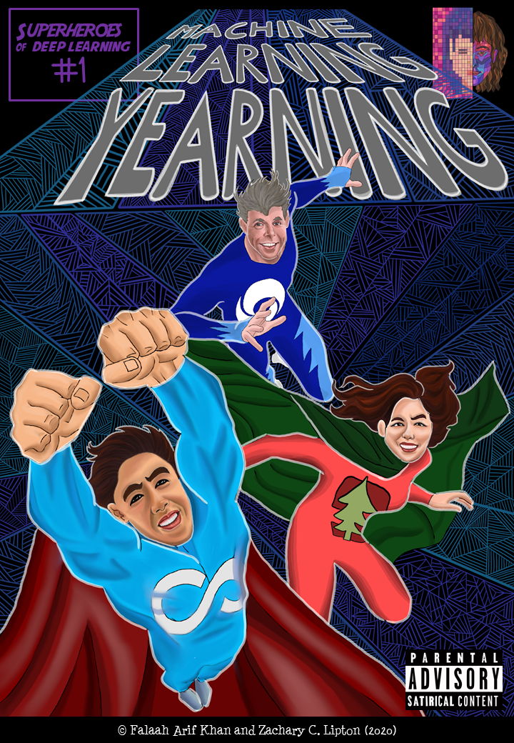David silver, Andrew ng and Fei Fei li in their superhero form as Q-Silver, MOOC and Benchmark, respectively. Q-Silver is in the middle and is lunging towards the screen. MOOC is to the left and is jumping up into the screen with his arms outstretched and muscles in full display. Benchmark is lunging in cat-like positive to the right. Machine Learning Yearning is written above them