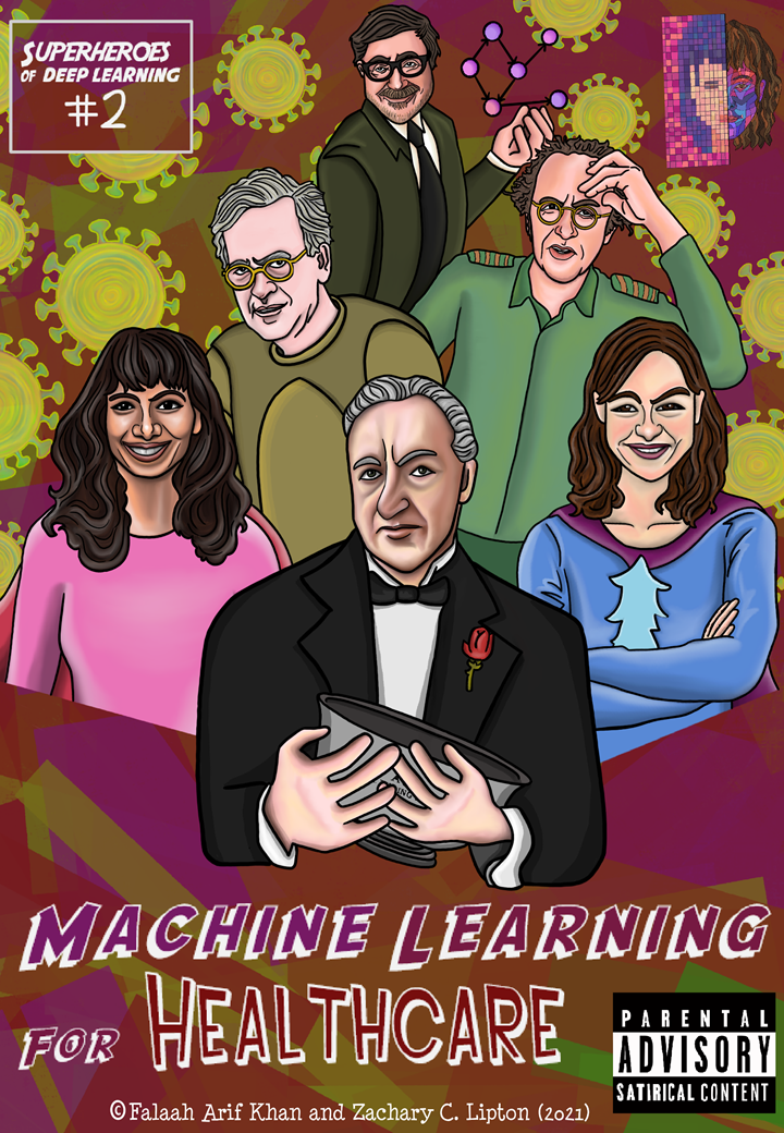 Anima anandkumar, Leslie valiant, Judea pearl, berhard scholkopf, chelsea finn and geoff hinton appear in their superhero avatars as the cover of the second volume of the DL Superheroes comic book, titled "Machine Learning for Healthcare"