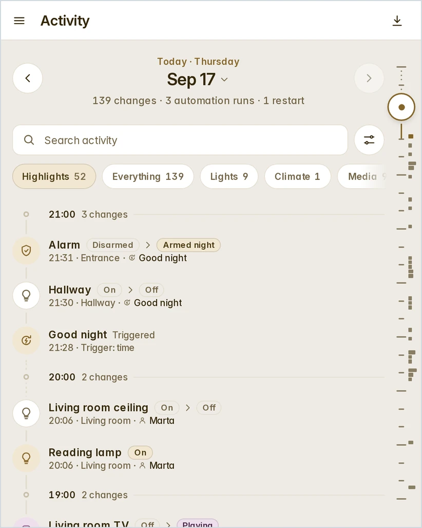 The Activity page: the day's logbook as a timeline, who did what, with the hours beside it