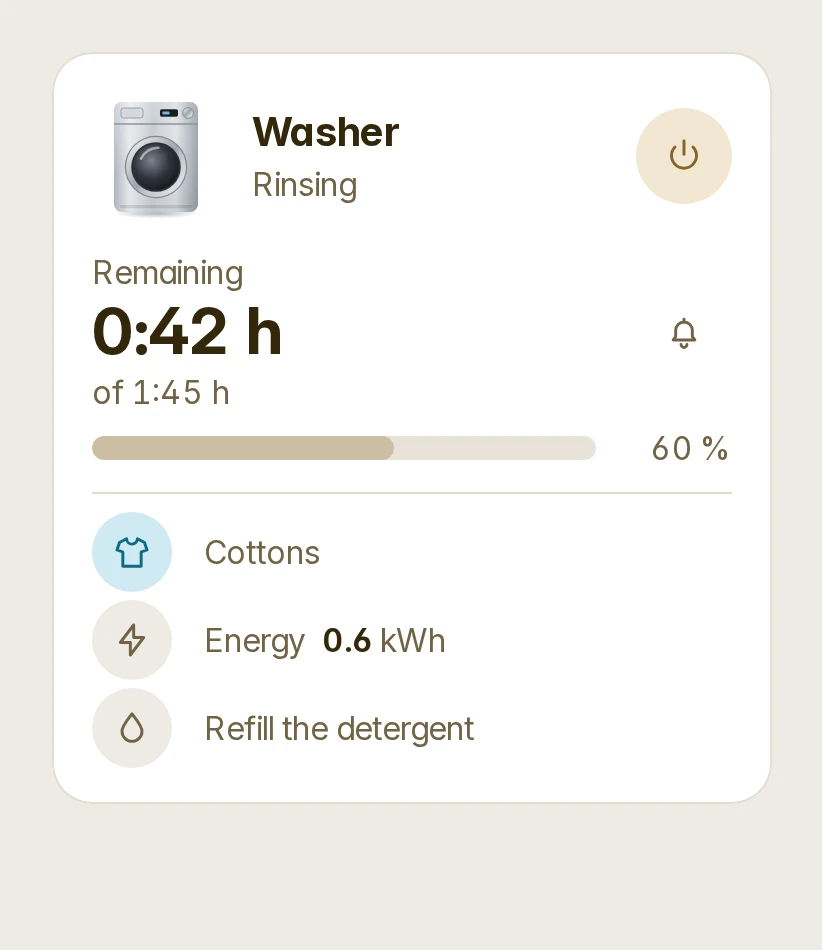 An appliance card: a washer rinsing, the time left over a bar, its programme, energy and a reminder