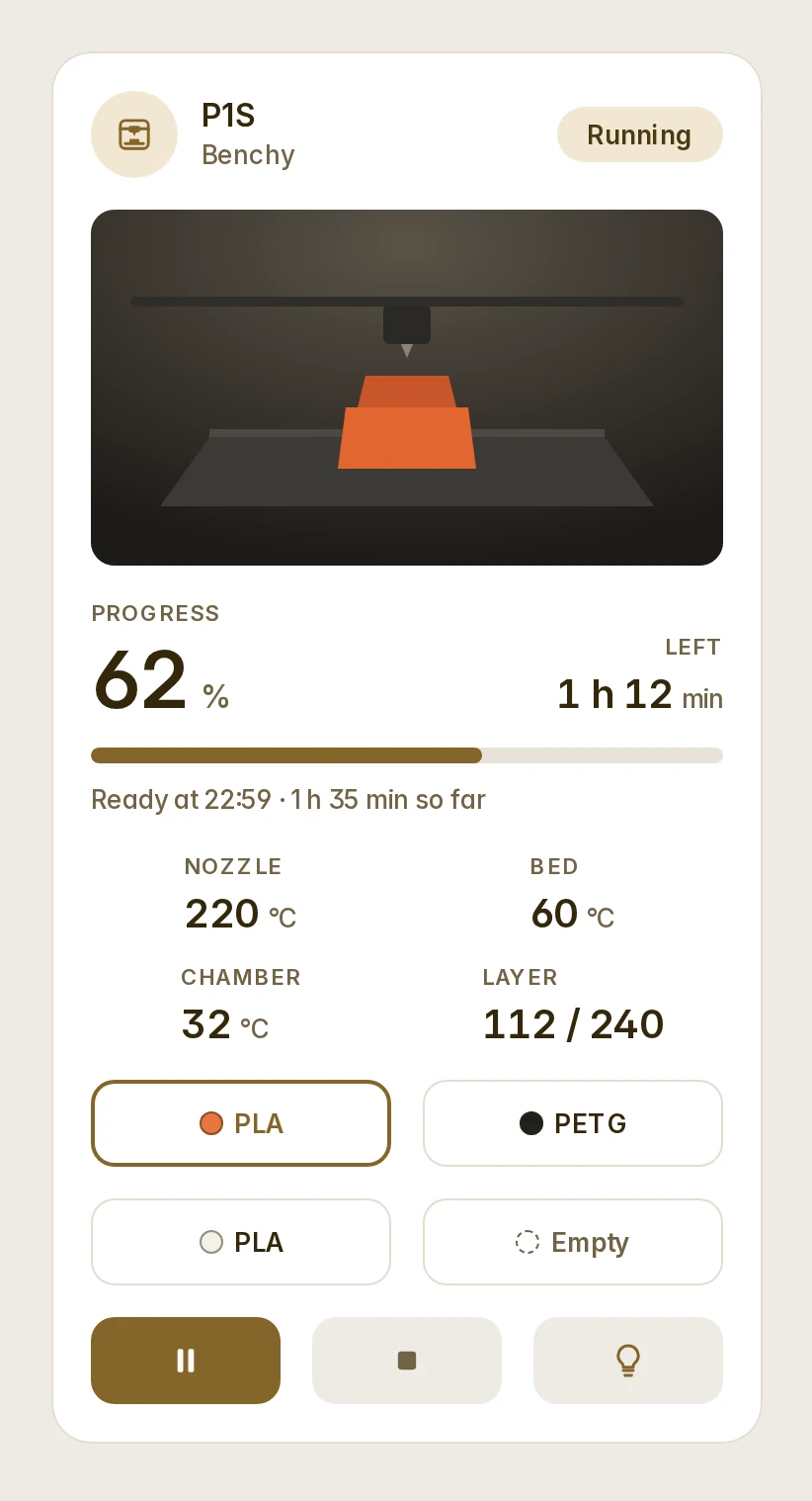 A 3D printer card: a Bambu Lab printer at work, its camera, the progress and time left, the heaters, the filament trays, pause and stop