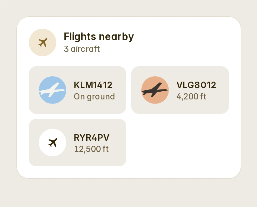 The Items card: the flights overhead as tiles