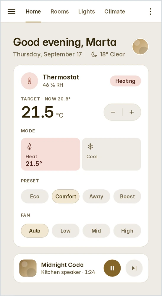 The dashboard on a phone in English
