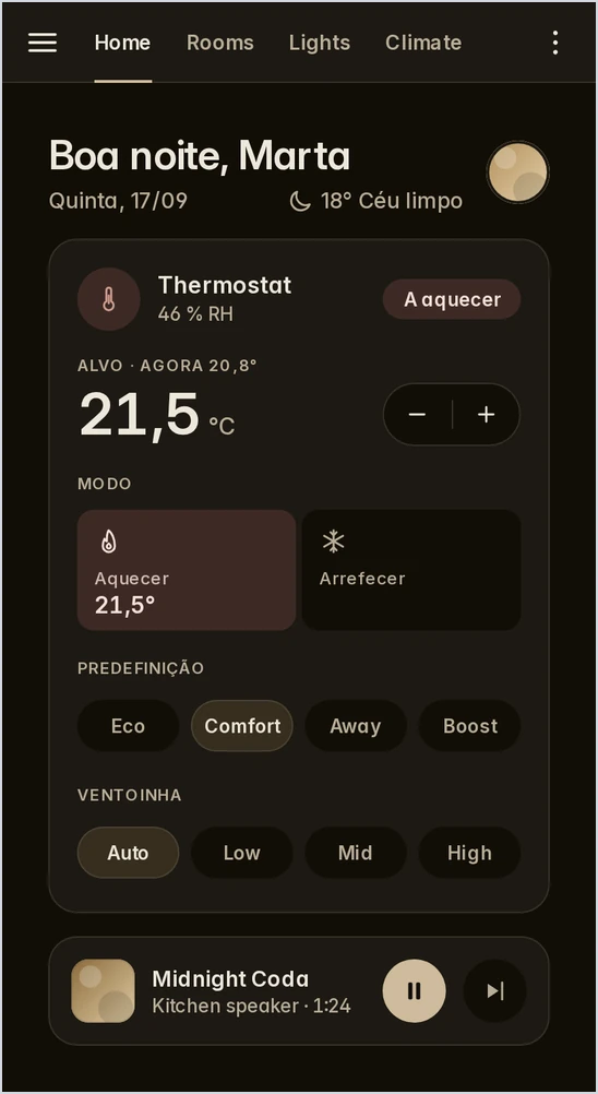 The same dashboard in European Portuguese, dark
