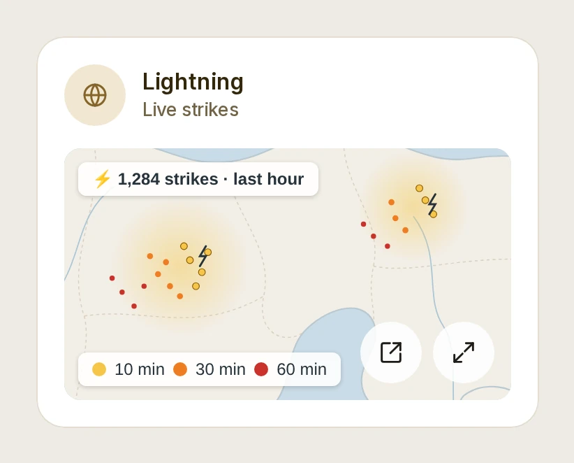 The Web page card: a map of lightning strikes on a plate under its head, with open and full screen