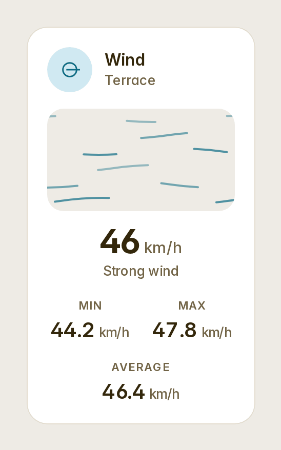 A wind gauge as streaks of air racing across its band: 46 km/h, strong wind