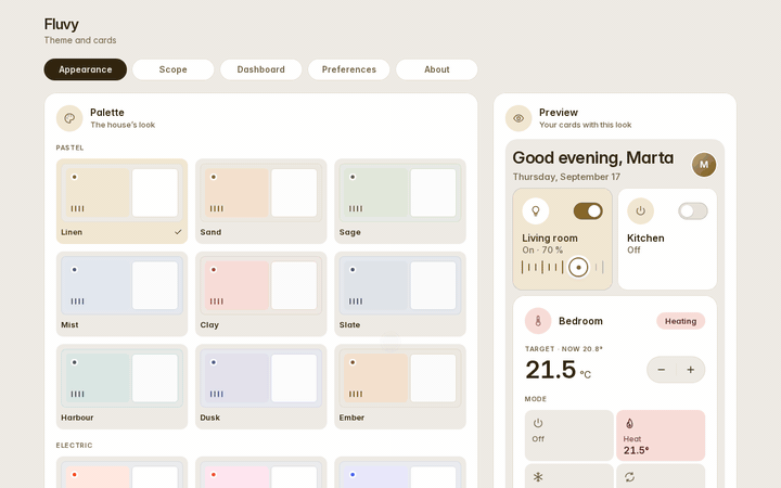 The Appearance tab: two presets tried, a custom accent picked, the look applied to the house