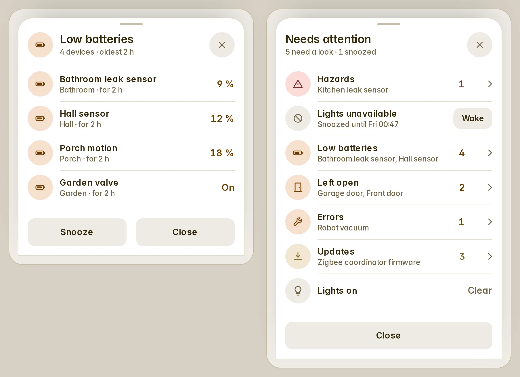 An alert's sheet with Snooze, and the overview of every alert with a snoozed one and Wake