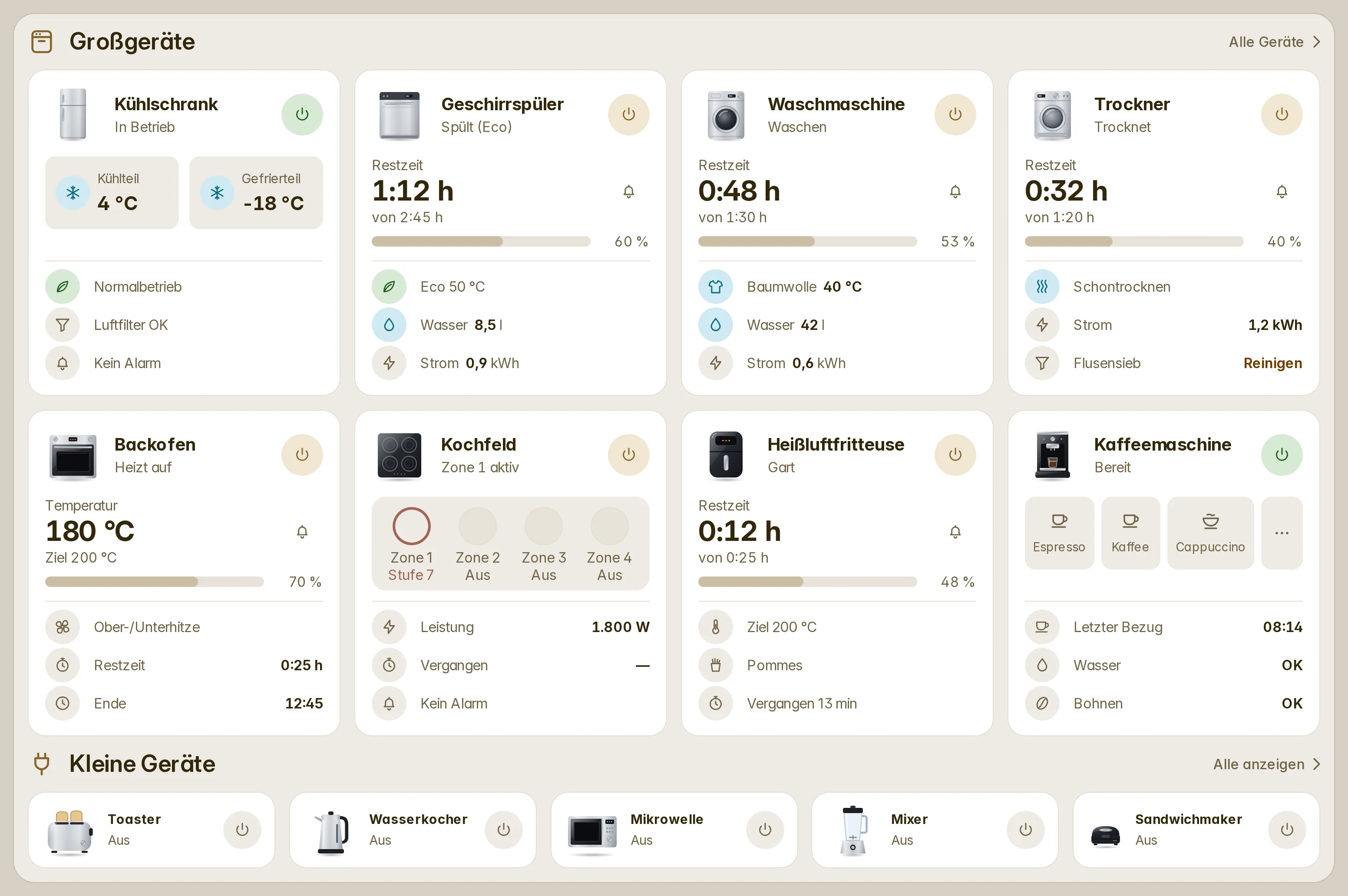 Home's appliance bands on a desktop: the large appliances side by side, the small ones in a row
