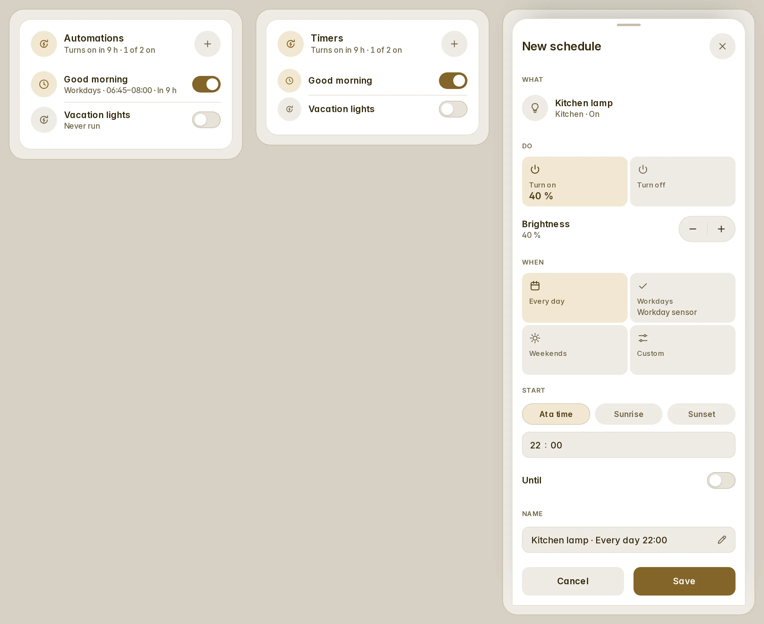 The automations card about one lamp, and the schedule sheet set to it