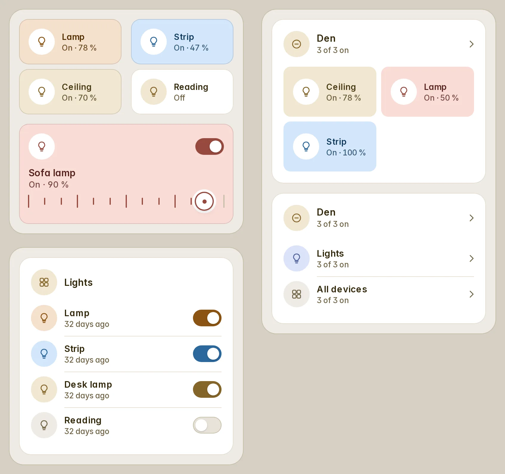 Tiles, a room and entity rows in the colour of each lit bulb