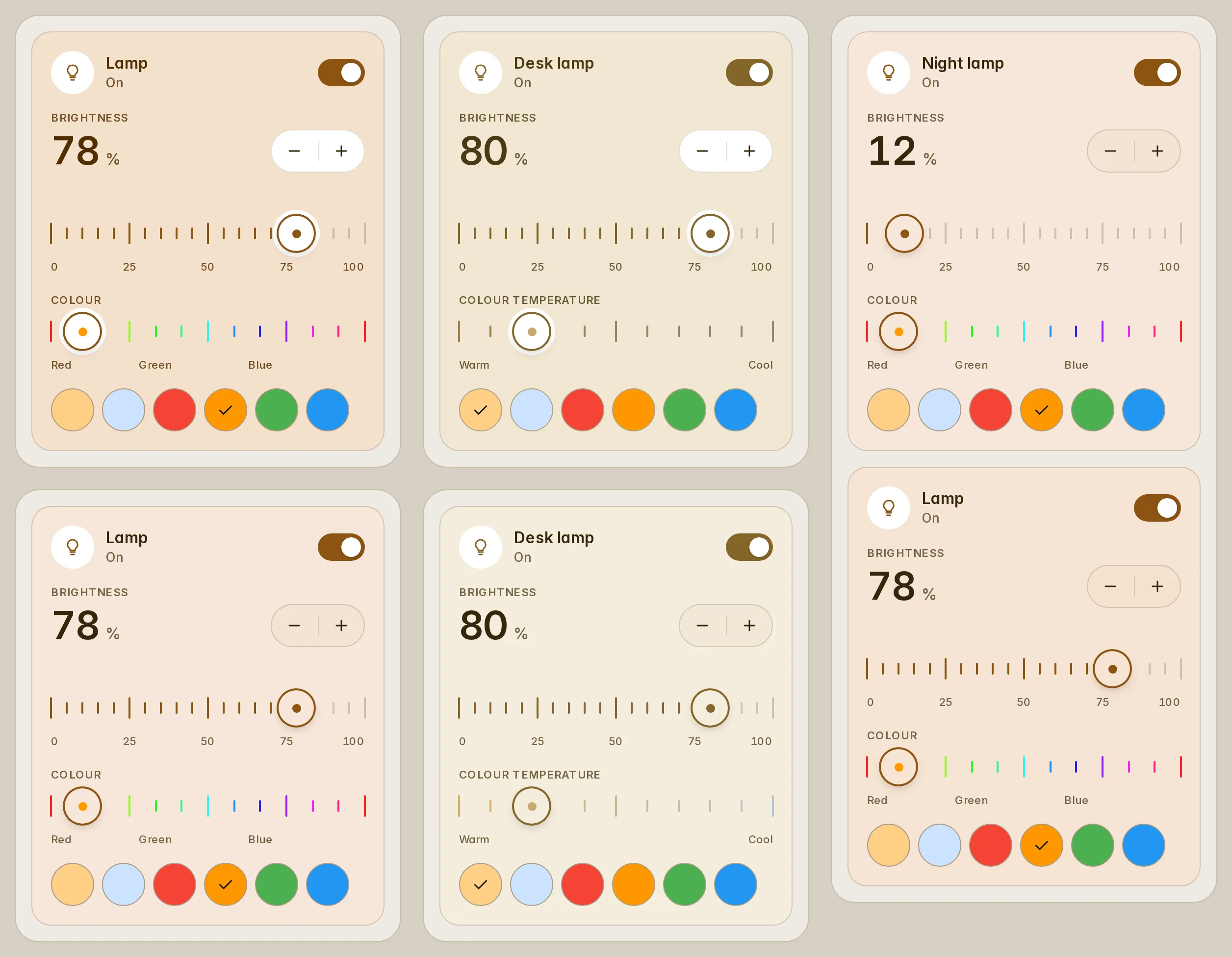 Light cards tinted by their bulb: full, soft and by brightness