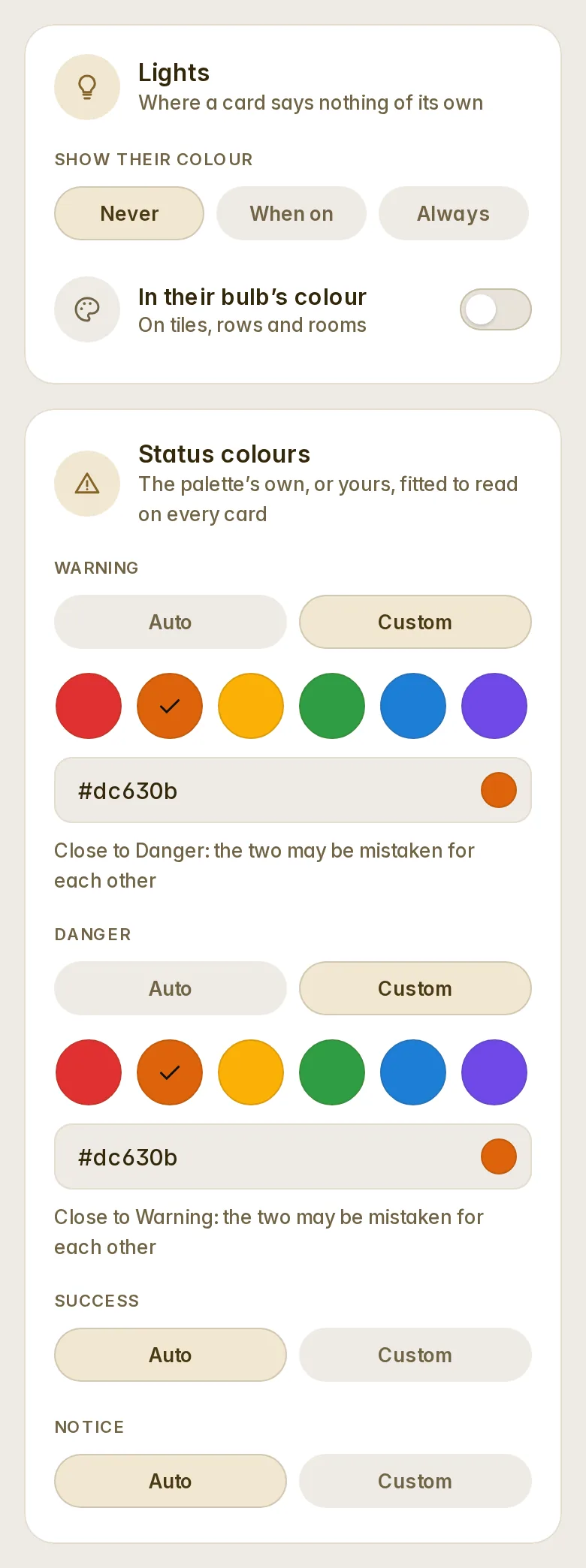 Settings, Appearance: the Lights card and Status colours with a warning of the house's own