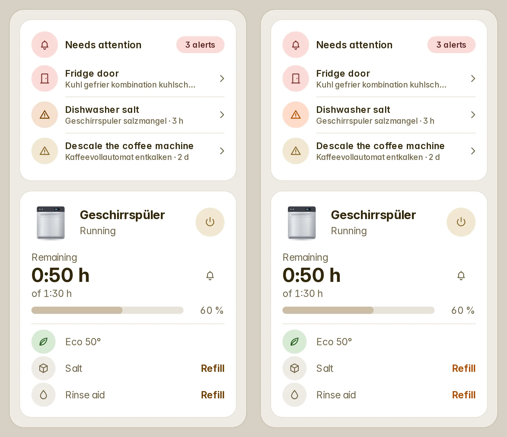 The same alerts and dishwasher with the palette's warning and with the house's orange