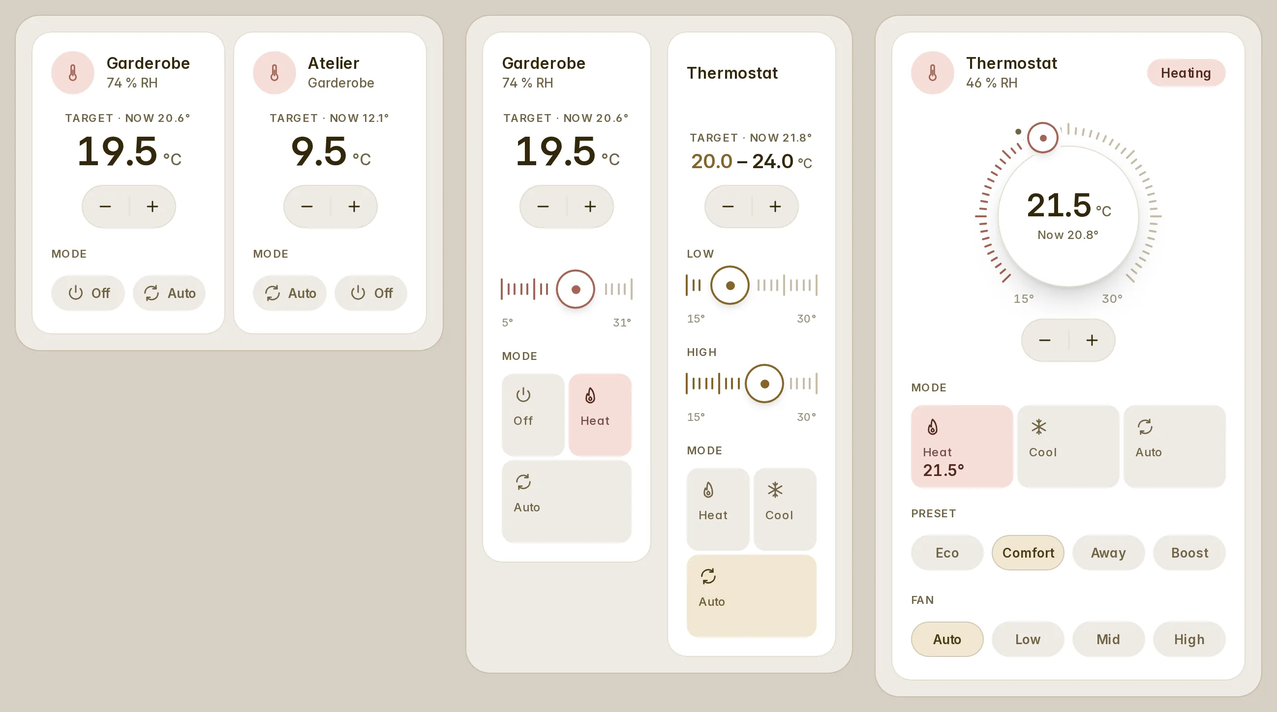 Two compact thermostats side by side in half a section, the ruler and the dial