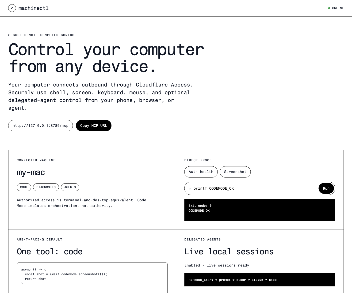 The thin Code Mode control client connected to a local machine, with terminal proof and delegated-agent controls.