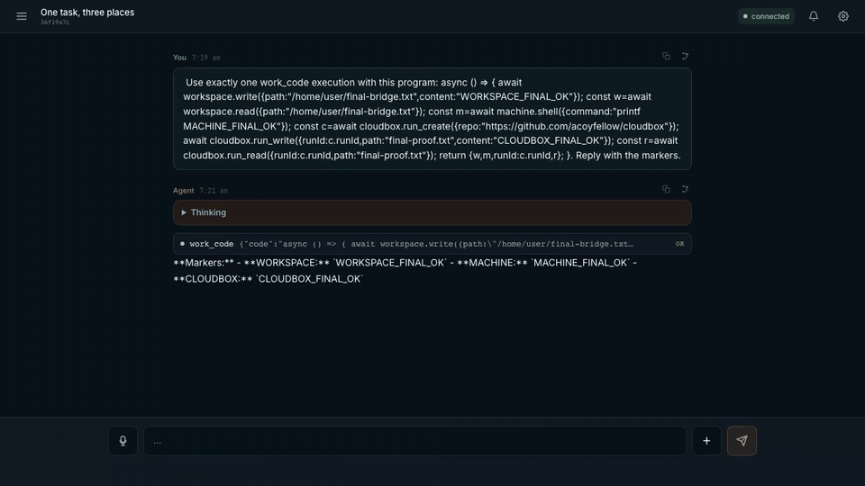 Demo: the agent writes a workspace file, runs a command on a connected machine, and reads a Cloudbox run