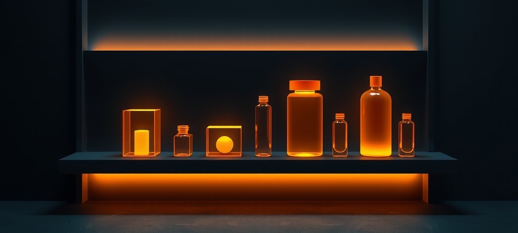 Glowing amber jars on a dark shelf
