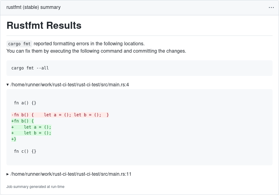 The action reports any formatting issues found by rustfmt.