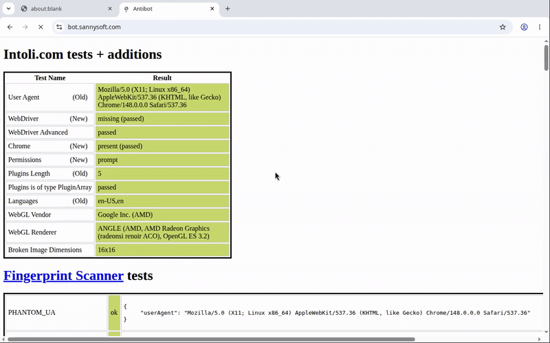 Veil passing bot.sannysoft.com and Cloudflare's challenge