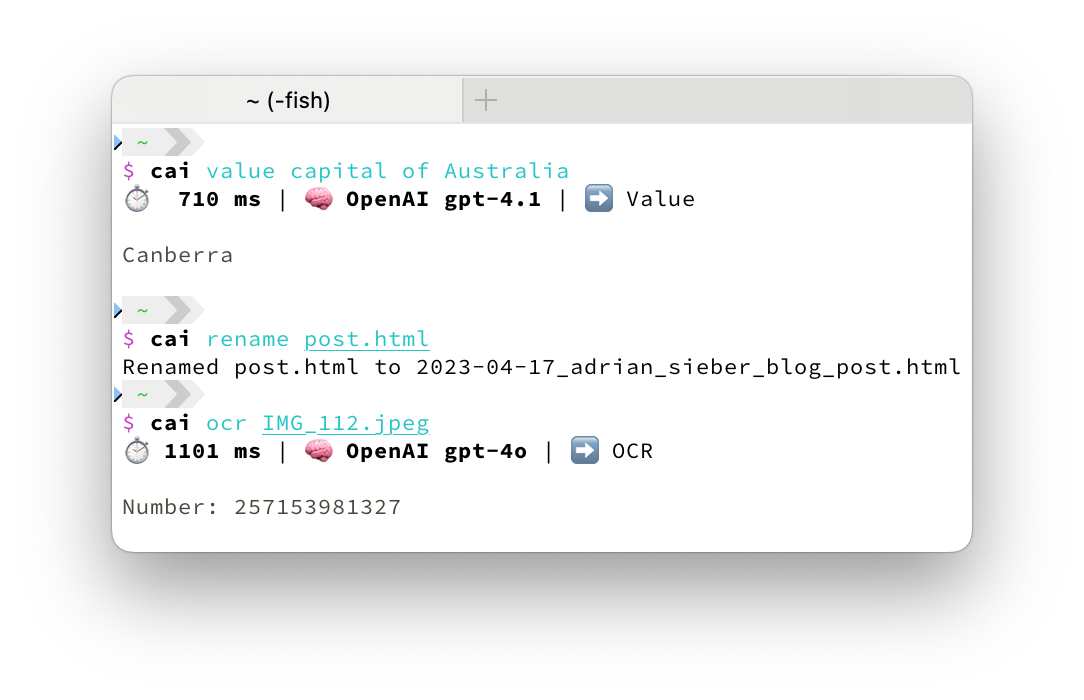 Demo usage of cai in a terminal