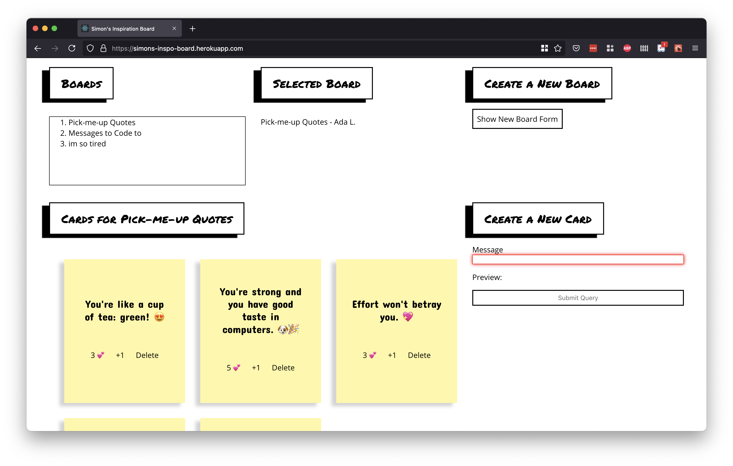 A web app with five sections titled "Boards," "Selected Board," "Create a New Board," "Cards for Pick-Me-Up Quotes," and "Create a New Card"