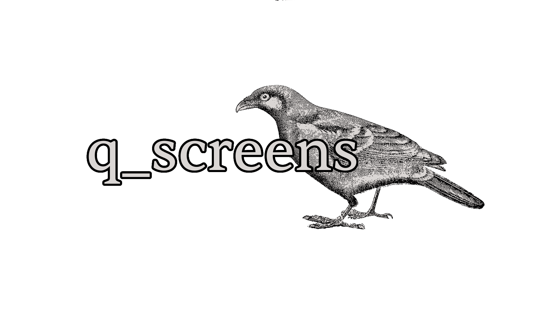 Illustration of a bowerbird with text 'q_screens'