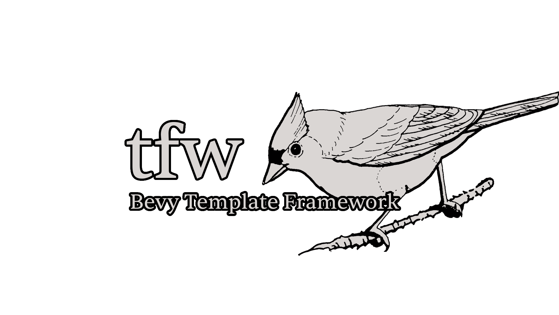 Illustration of a tufted titmouse with text, 'tfw - bevy template framework'