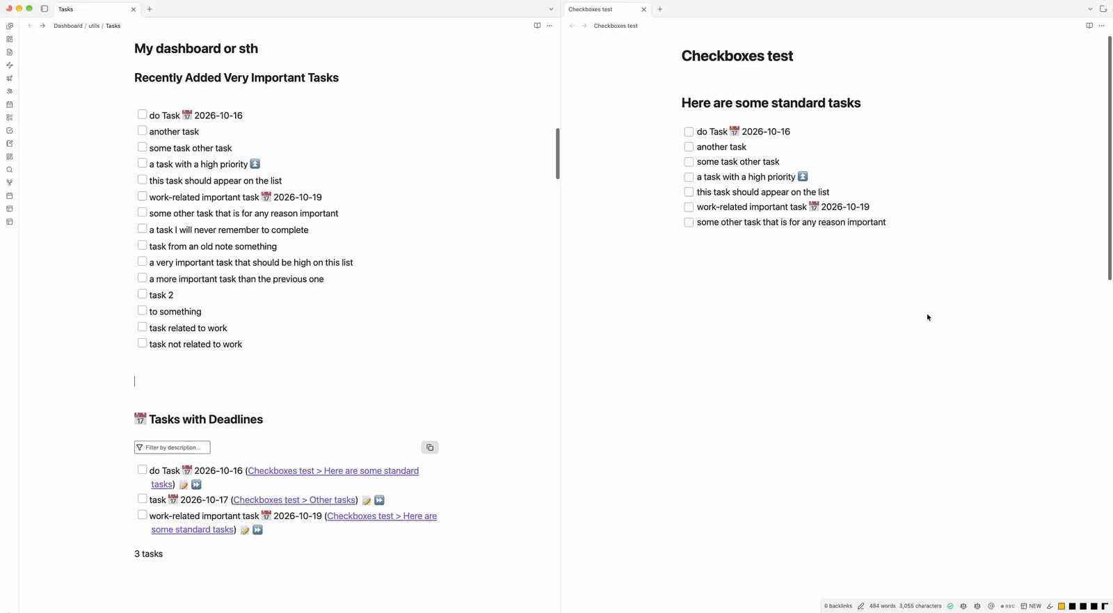A grocery list written as tasks floods a Tasks dashboard; written as Checkboxes items it stays out, and a checkboxes block adds a progress bar that fills as items are ticked, with Hide checked